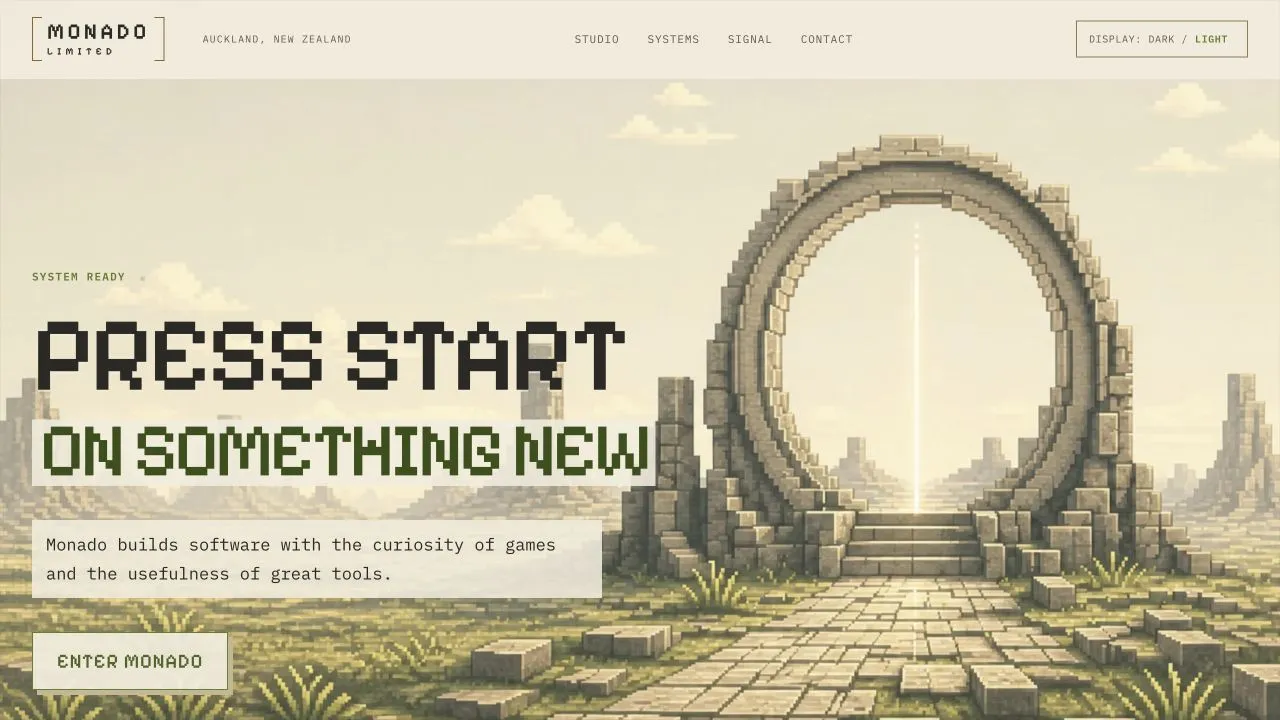 Monado’s light-theme website with a pixel-art portal and the headline Press start on something new.