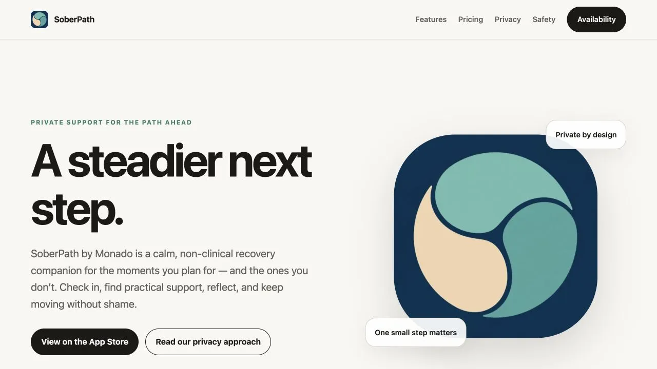 SoberPath website introducing the recovery companion and linking to the App Store.